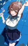  1girl absurdres ahoge arm_up blue_overskirt blue_ribbon blue_skirt blush breasts brown_hair gakuen_idolmaster hanami_ume hatsuboshi_gakuen_school_uniform highres idolmaster large_breasts looking_at_viewer maria_(syake-uni) neck_ribbon pleated_skirt ribbon school_uniform shirt skirt smile solo tile_floor tiles white_shirt 