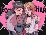  2girls axel_syrios bangs beibeidnkb black_hair black_jacket blonde_hair blue_eyes breasts cleavage fur_trim genderswap genderswap_(mtf) hair_behind_ear holostars holostars_english jacket multicolored_hair multiple_girls red_eyes red_hair rpr scarz see-through shirt short_hair smile streaked_hair virtual_youtuber 