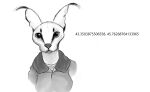  anthro caracal caracal_(genus) clothed clothing coordinates eloisanon felid feline female floppa greyscale looking_at_viewer mammal monochrome simple_background solo uniform white_background 