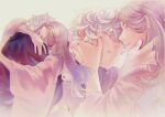  1boy 1girl absurdres black_robe crying curly_hair facing_another forehead-to-forehead gabimaru happy heads_together highres himari_(_h_i8) holding_another&#039;s_head hug japanese_clothes jigokuraku kimono long_hair robe short_hair simple_background tears white_background white_hair white_theme yui_(jigokuraku) 