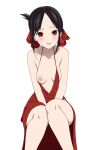  1girl alternate_costume bangs bare_shoulders between_legs black_hair blush breasts cleavage collarbone coro_fae dot_nose dress folded_ponytail hair_ribbon highres invisible_chair kaguya-sama_wa_kokurasetai_~tensai-tachi_no_renai_zunousen~ legs looking_at_viewer nervous_smile nipples parted_bangs plunging_neckline red_dress red_eyes red_ribbon ribbon shinomiya_kaguya sidelocks simple_background sitting small_breasts smile solo spaghetti_strap sweatdrop tsurime white_background 