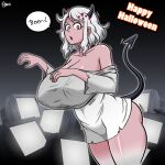  absurd_res big_breasts breasts clothed clothing demon demon_humanoid female hair helltaker hi_res huge_breasts humanoid modeus_(helltaker) normi not_furry spade_tail white_hair 