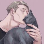  1boy black_cat blonde_hair cat closed_eyes collarbone jujutsu_kaisen kiss male_focus nanami_kento nekoyanaginekoko pink_background portrait shirt short_hair solo 