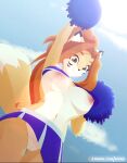  2022 2d_animation animated anthro bottomwear breasts canid canine cheerleader clothing cloud eipril elisabeth_(eipril) english_text exposed exposed_breasts female fur genitals hair long_hair mammal nipples pom_poms pussy skirt sky solo text topwear 