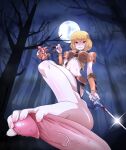  1boy 1girl armor bare_legs bare_tree barefoot black_bandeau blonde_hair blood blood_on_weapon blush breasts castration clementine_(overlord) dagger english_commentary feet footjob forest full_moon grin guro hetero highres holding holding_dagger holding_weapon knife kuroko_(29243086) looking_at_viewer medium_breasts midriff moon nature night outdoors overlord_(maruyama) pauldrons penis pov precum red_eyes short_hair shoulder_armor smile toenails toes tree uncensored vambraces weapon 