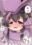  1girl ? anchor_symbol arbok black_eyes black_hair blush commentary_request commission constriction crossover forked_tongue gradient_hair grey_hair hair_between_eyes half-closed_eyes hat heart highres ikkyuu kantai_collection multicolored_hair nose_blush pokemon pokemon_(creature) sharp_teeth skeb_commission sound_effects spoken_question_mark sweat tears teeth tokitsukaze_(kancolle) tongue translation_request 