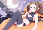  1girl bare_arms black_shorts black_thighhighs black_wings blush bow breasts brown_hair candy cleavage cleavage_cutout clothing_cutout crescent_moon food green_eyes halloween_costume happy_halloween highres kamidan lollipop long_hair lying micro_shorts midriff moon navel on_back purple_bow shania_(xenoblade) shiny shiny_clothes shiny_hair shiny_legwear shiny_skin shorts small_breasts solo stomach thighhighs twintails wings xenoblade_chronicles_(series) xenoblade_chronicles_3 