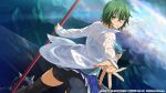  1girl bangs bike_shorts black_shorts black_thighhighs blue_skirt breasts closed_mouth day dress_shirt green_eyes green_hair hair_between_eyes highres holding holding_weapon ikkitousen kyocho_chuukou large_breasts looking_at_viewer looking_back miniskirt mountain official_art open_clothes open_shirt outdoors pleated_skirt shiny shiny_hair shirt short_hair short_shorts shorts shorts_under_skirt sideboob skirt smile solo spike_ball sunlight thighhighs torn_clothes torn_shirt weapon wet wet_clothes wet_hair wet_shirt white_shirt zettai_ryouiki 