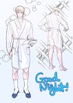  1boy blonde_hair book commentary_request english_text full_body highres holding holding_book jujutsu_kaisen kimsatgat korean_commentary long_sleeves looking_at_viewer male_focus nanami_kento open_book robe see-through_silhouette short_hair slippers socks solo standing white_socks 