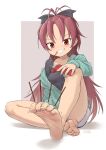  1girl aomoro barefoot between_toes commentary feet food food_on_toes foot_focus foot_hold highres hood hoodie jewelry mahou_shoujo_madoka_magica off_shoulder pocky pocky_in_mouth ponytail red_eyes red_hair ring sakura_kyouko shorts signature simple_background sitting smile soles symbol-only_commentary toes 