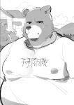  2022 anthro belly big_belly clothing detailed_background kemono male mammal masshiro monochrome moobs nipples outside overweight overweight_male shirt solo topwear ursid 