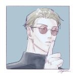  1boy black_shirt blonde_hair blue_background border finger_to_mouth highres jujutsu_kaisen looking_at_viewer male_focus nanami_kento nekoyanaginekoko parted_lips portrait shirt short_hair shushing solo sunglasses white_border 