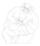  2022 96panda anthro belly big_belly duo eyewear flaccid genitals giant_panda glasses hi_res humanoid_genitalia humanoid_hands humanoid_penis kemono male male/male mammal moobs nipples overweight overweight_male penis size_difference suid suina sus_(pig) ursid wild_boar 