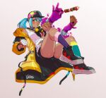  1girl baseball_cap blue_hair breasts choker dark-skinned_female dark_skin disembodied_hand earrings eating finger_tattoo green_eyes hat isla_(kof) jacket jewelry leg_tattoo light_blue_hair long_hair looking_at_viewer mask mask_around_neck multicolored_hair oversized_clothes ponytail respirator snk solo tank_top tattoo the_king_of_fighters the_king_of_fighters_xv thumb_ring torn_clothes torn_tank_top vero 