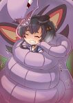  1girl anchor_symbol arbok black_eyes black_hair blue_sailor_collar blush clenched_teeth closed_eyes commentary_request commission constriction crossover forked_tongue grey_hair hat highres ikkyuu kantai_collection mini_hat multicolored_hair open_mouth pokemon pokemon_(creature) sailor_collar sharp_teeth short_hair_with_long_locks skeb_commission tears teeth tokitsukaze_(kancolle) tongue translation_request 