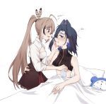  2girls ahoge bangs bed bed_sheet blue_eyes blue_hair blush brown_eyes brown_hair cleavage_cutout clock clothing_cutout cup feather_hair_ornament feathers hair_intakes hair_ornament hololive hololive_english kronie_(ouro_kronii) long_hair multicolored_hair multiple_girls nanashi_mumei nineone_o ouro_kronii pill ponytail shirt short_hair sick streaked_hair very_long_hair virtual_youtuber white_shirt yuri 