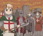  3girls aioi_yuuko armor arrow_(projectile) axe battle belt black_coat blue_eyes blue_hair brown_belt brown_eyes brown_hair castle chainmail closed_mouth coat frown fubarmoe hair_through_headwear hand_on_hilt helm helmet highres holding holding_axe holding_polearm holding_shield holding_sword holding_weapon kettle_helm looking_at_viewer multiple_girls naganohara_mio nichijou orange_sky outdoors polearm scabbard sheath sheathed shield shinonome_nano short_hair sky smile spear surcoat sword twintails two-handed weapon 