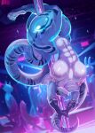 absurd_res anthro areola big_breasts blue_body blue_scales breasts cobra dancing dariana_(quetzaly) female genitals green_eyes hi_res nipples non-mammal_breasts nude pie_1710 pole pole_dancing pussy reptile scales scalie snake snake_hood solo tail upside_down white_body white_scales