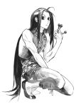  1boy ahoge ballet_slippers full_body greyscale highres holding holding_needle hunter_x_hunter illumi_zoldyck long_hair looking_at_viewer monochrome needle shirt sleeveless sleeveless_shirt solo squatting very_long_hair yonq98 