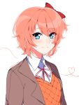  1girl artist_name bad_id bad_tumblr_id bow doki_doki_literature_club eyes_visible_through_hair grey_jacket hair_between_eyes hair_bow heart heart_of_string highres jacket looking_at_viewer one_side_up open_clothes open_jacket pink_hair red_bow savi_(byakushimc) sayori_(doki_doki_literature_club) school_uniform short_hair simple_background smile solo upper_body white_background 