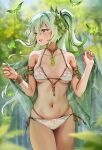 1girl armlet bangs bare_shoulders bikini blush bracelet breasts cape collarbone crystalfly_(genshin_impact) foxyreine genshin_impact gradient_hair green_cape green_eyes green_hair hair_ornament highres jewelry leaf_hair_ornament long_hair looking_to_the_side medium_breasts multicolored_hair nahida_(genshin_impact) neck_ring open_mouth pointy_ears side_ponytail sidelocks smile solo swimsuit symbol-shaped_pupils thighs white_bikini white_hair 