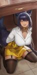 absurd_res animal_humanoid arms_behind arms_tied big_breasts blouse bosom bottomwear bound bound_arm breasts canid canine canine_ears canine_tail canis cleavage clothed clothing collar dark_body dark_skin desk drawer female floor footwear furniture garter_straps gold_(metal) gold_bottomwear gold_collar gold_jewelry hair hands_behind_back heart_eyes heart_symbol hi_res humanoid jackal jackal_ears jackal_tail jewelry kneeling leash leashed_collar leashed_male leashed_to_desk legwear mammal metal_collar nour_anara purple_hair skirt socks stockings table tail thigh_highs thigh_socks tile tile_floor topwear under_table vloodozer white_clothing white_topwear wood wood_desk wood_furniture yellow_eyes