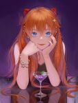  1girl absurdres asamayuki_ra bangs bare_arms blue_eyes bracelet brown_hair closed_mouth cocktail_glass cup drinking_glass hair_between_eyes hair_ornament headphones highres jewelry long_hair looking_at_viewer neon_genesis_evangelion purple_background solo souryuu_asuka_langley upper_body very_long_hair 