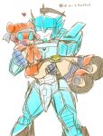  1boy 1girl 3356-10 blue_armor blue_eyes blurr_(transformers) blush carrying carrying_person hasbro humanoid_robot lickety_split lifting_person orange_skirt princess_carry robot roller_skates skates skirt the_transformers_(idw) transformers transformers_animated 