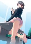  1girl 40hara ass bangs black_jacket brown_hair chair clipboard clothes_lift crotch_seam desk dress dress_lift dutch_angle from_below glaring hair_over_shoulder hayakawa_natsumi highres holding holding_clipboard indoors iya_na_kao_sare_nagara_opantsu_misete_moraitai jacket lifted_by_self long_hair long_sleeves looking_at_viewer looking_back one_knee open_mouth panties panties_under_pantyhose pantyhose pink_dress pink_footwear purple_eyes purple_panties sandals see-through see-through_legwear shoe_soles skirt_hold solo standing thighs underwear 