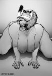  absurd_res all_fours anthro band1tnsfw baseball_cap big_breasts black_and_white breast_squish breasts clothing collar covered_eyes digital_drawing_(artwork) digital_media_(artwork) felid female fuzzy hat headgear headwear hi_res hidden_eyes lion long_nails m1lf_band1t_(band1tnsfw) mammal mature_female monochrome overweight pantherine portrait realistic_anatomy simple_background smile solo spikes squish thick_thighs whiskers 