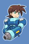  1girl arm_cannon bangs blue_background blue_outline brown_hair commentary_request green_eyes hair_between_eyes highres looking_away looking_to_the_side mega_man_(series) mega_man_legends mega_man_volnutt muu_(mumumer) outline simple_background solo weapon 