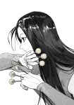  1boy absurdres detached_sleeves highres holding holding_needle hunter_x_hunter illumi_zoldyck light_smile long_hair looking_to_the_side monochrome needle otoko_no_ko shirt sleeveless sleeveless_shirt solo yonq98 