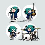  1girl animal_ears black_dress blush dog_ears dog_tail dress drum drumsticks electric_guitar fang green_eyes green_hair guitar hair_between_eyes holding holding_instrument holding_microphone instrument kanitama_(putyourhead) kasodani_kyouko long_sleeves microphone microphone_stand multiple_views music open_mouth playing_instrument short_hair smile tail third-party_source touhou twitter_username 