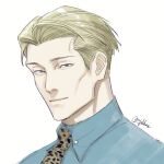  1boy animal_print blonde_hair blue_eyes blue_shirt collared_shirt jujutsu_kaisen leopard_print light_smile male_focus nanami_kento necktie nekoyanaginekoko portrait shirt short_hair solo yellow_necktie 