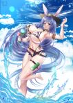  1girl absurdres animal_ears animal_print azur_lane bikini blue_eyes bouncing_breasts breasts cloud cow_print day dutch_angle fake_animal_ears from_below front-tie_bikini_top front-tie_top highres holding holding_water_gun holster huge_breasts leg_up looking_at_viewer navel new_jersey_(azur_lane) open_mouth outdoors purple_hair rabbit_ears shorts solo standing standing_on_one_leg studiopokotan swimsuit thigh_holster thigh_strap torn_clothes torn_shorts water water_gun 