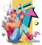  1980s_(style) 1girl animal_ears boku_no_hero_academia cosplay gym_uniform leg_warmers leotard mateus_upd mirko pink_leotard rabbit_ears rabbit_tail retro_artstyle scrunchie stretching tail white_hair wrist_scrunchie 