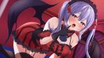  1girl bangs bare_shoulders bat_wings bent_over black_gloves black_thighhighs black_wings blush breasts cleavage collarbone detached_collar dress dutch_angle frilled_dress frills garter_straps gloves hair_between_eyes heart heart-shaped_pupils heavy_breathing highres indie_virtual_youtuber indoors kefilia_neil large_breasts leaning_forward long_hair looking_at_viewer maid_headdress nekomitei official_art open_mouth purple_eyes purple_hair red_dress saliva sidelocks solo symbol-shaped_pupils thighhighs tongue tongue_out two_side_up virtual_youtuber wings 