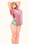  1girl absurdres arms_behind_head arms_up blue_eyes breasts casual drawstring green_shorts highres large_breasts long_hair looking_to_the_side orange_hair pink_shirt print_shirt raichiyo33 see-through shirt shirt_overhang short_shorts shorts thighs 