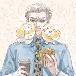  1boy animal_print blonde_hair blue_shirt coffee_cup collared_shirt commentary_request cup disposable_cup dog fidough food goggles holding holding_cup holding_food leopard_print lettuce long_sleeves looking_at_viewer male_focus nanami_kento nekoyanaginekoko pokemon pokemon_(creature) pokemon_(game) pokemon_sv sandwich shirt short_hair solo standing upper_body watch 