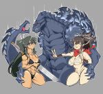  abs accessory anthro arm_spikes asuka_(senran_kagura) back_spikes bangs bikini bikini_thong bikini_top bisexual black_hair bodily_fluids breasts claws clothed clothing crossover cute_expression dinosaur dorsal_spikes double_v_sign female female/female frown gesture glowing glowing_spikes godzilla godzilla_(series) grey_body grey_eyes grey_hair grey_skin group hair hair_accessory hair_over_eye hair_ribbon hand_on_hip hi_res homura_(senran_kagura) human interspecies kaiju katana love male male/male mammal maurix_dibuja melee_weapon monster muscular muscular_female muscular_male navel nipple_outline one_eye_obstructed open_mouth peace_symbol ponytail red_eyes reptile ribbons ridges romantic romantic_couple scalie scarf senran_kagura sharp_teeth shoulder_spikes skimpy smile snout spiked_tail spikes spikes_(anatomy) story story_in_description suntan sweat swimwear sword tail_mouth tan_line tanned_skin teeth toho trio unusual_anatomy unusual_tail v_sign weapon wristband 