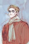  1boy blonde_hair coat expressionless goggles highres jujutsu_kaisen kimsatgat lips long_sleeves male_focus nanami_kento red_coat scarf short_hair sketch solo standing upper_body 