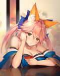  1girl animal_ear_fluff animal_ears bangs bare_shoulders blue_bow blue_kimono blush bow breasts cleavage commentary_request cup drunk fate/extra fate/grand_order fate_(series) fox_ears fox_tail hair_between_eyes hair_bow holding holding_cup indoors japanese_clothes kimono large_breasts long_hair looking_at_viewer mogullaz off_shoulder pink_hair sakazuki sitting solo split_ponytail table tail tamamo_(fate) tamamo_no_mae_(fate/extra) yellow_eyes 