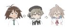  3girls :3 ahoge antenna_hair arrow_(symbol) asasow bandaid bandaid_on_face bandaid_on_nose bangs beret black_bow black_headwear blush bow brown_eyes brown_hair closed_eyes collared_shirt do_it_yourself!! green_necktie half-closed_eyes hat hatoba_tsugu kurihara_nagisa multiple_girls necktie open_mouth plus_sign red_ribbon ribbon school_uniform shirt short_hair short_sleeves simple_background sketchbook_full_colors smile suspenders tsugu_(vtuber) white_background white_shirt yua_serufu 