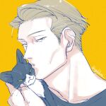  1boy animal blonde_hair cat english_commentary holding holding_animal holding_cat jujutsu_kaisen kiss looking_at_viewer male_focus nanami_kento nekoyanaginekoko one_eye_closed portrait short_hair solo twitter_username yellow_background yellow_eyes 