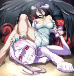  2girls albedo_(overlord) armchair bad_perspective bare_legs barefoot black_hair black_wings blue_nails blush breasts chair cleavage clenched_hand clenched_teeth completely_nude crossed_legs defeat dress english_commentary fang feathered_wings feet fingernails foot_out_of_frame glowing glowing_eyes highres horns kuroko_(29243086) large_breasts legs light_purple_hair long_hair looking_down lying multiple_girls nail_polish nipples nude on_floor on_stomach open_mouth overlord_(maruyama) pale_skin red_eyes shalltear_bloodfallen sitting slit_pupils small_breasts smile soles stepped_on teeth tickling toenail_polish toenails toes vampire white_dress white_horns wings yellow_eyes yuri 