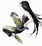  1boy black_eyes black_hair dynamic_pose floating full_body green_footwear green_pants highres holding holding_needle hunter_x_hunter illumi_zoldyck long_hair looking_to_the_side needle pants shirt sleeveless sleeveless_shirt solo white_background yonq98 