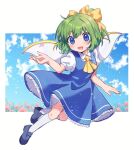  1girl ascot black_footwear blue_dress blue_eyes blush collared_shirt daiyousei dress fairy fairy_wings full_body green_hair hair_between_eyes kneehighs open_mouth puffy_short_sleeves puffy_sleeves shirt shoes short_hair short_sleeves side_ponytail smile socks solo touhou white_shirt white_socks wings xox_xxxxxx yellow_ascot 