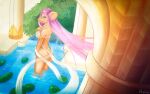  absurd_res ambiguous_gender anthro blue_eyes breasts butt butt_focus clothing coy digital_media_(artwork) digital_painting_(artwork) egyptian egyptian_clothing gold_(metal) gold_jewelry hair hand_on_breast hi_res high-angle_view jewelry least_weasel mammal mustelid musteline piecrow pink_hair poolside solo translucent translucent_clothing true_musteline weasel 