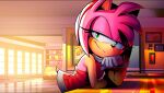  2022 5_fingers accessory amy_rose anthro clothing detailed_background dress eulipotyphlan female fingers footwear gloves green_eyes handwear headband hedgehog hi_res looking_at_viewer mammal narrowed_eyes satierf sega signature smile solo sonic_the_hedgehog_(series) store 