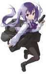  1girl absurdres black_footwear black_pantyhose black_skirt bow bowtie closed_mouth collared_shirt floating_hair gochuumon_wa_usagi_desu_ka? gun handgun highres holding holding_gun holding_weapon long_hair long_sleeves medium_skirt pantyhose pleated_skirt purple_bow purple_bowtie purple_eyes purple_hair purple_vest rabbit_house_uniform sentter shiny shiny_hair shirt skirt solo tedeza_rize twintails very_long_hair vest weapon white_shirt wing_collar 